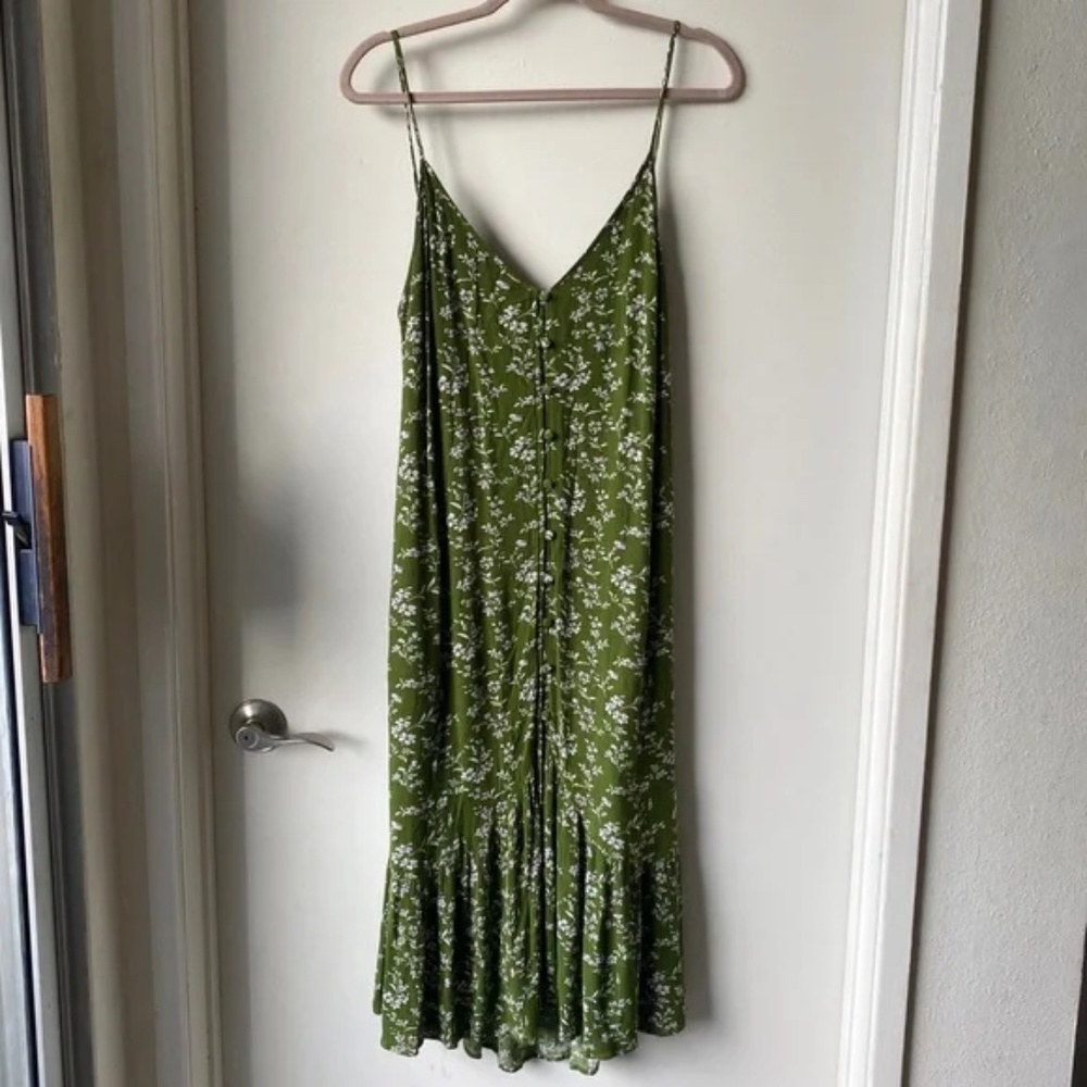 Lulus | Missie Olive Green Floral Print Ruffled Tie-Back Midi Dress XL